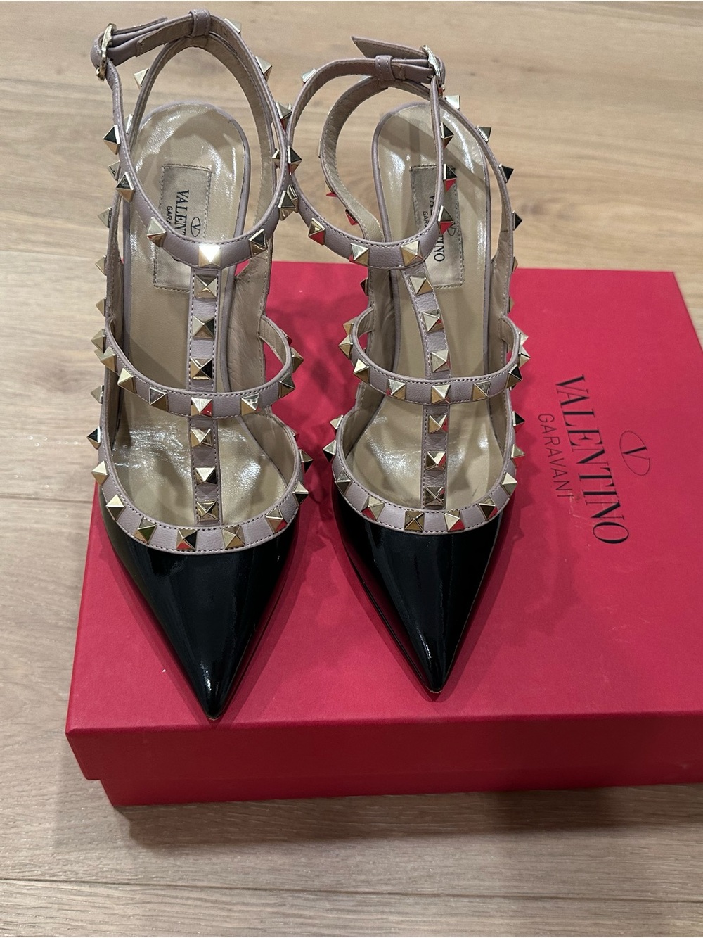 Valentino Garavani Rockstud Black Patent Pointed-Toe T-Strap Heels